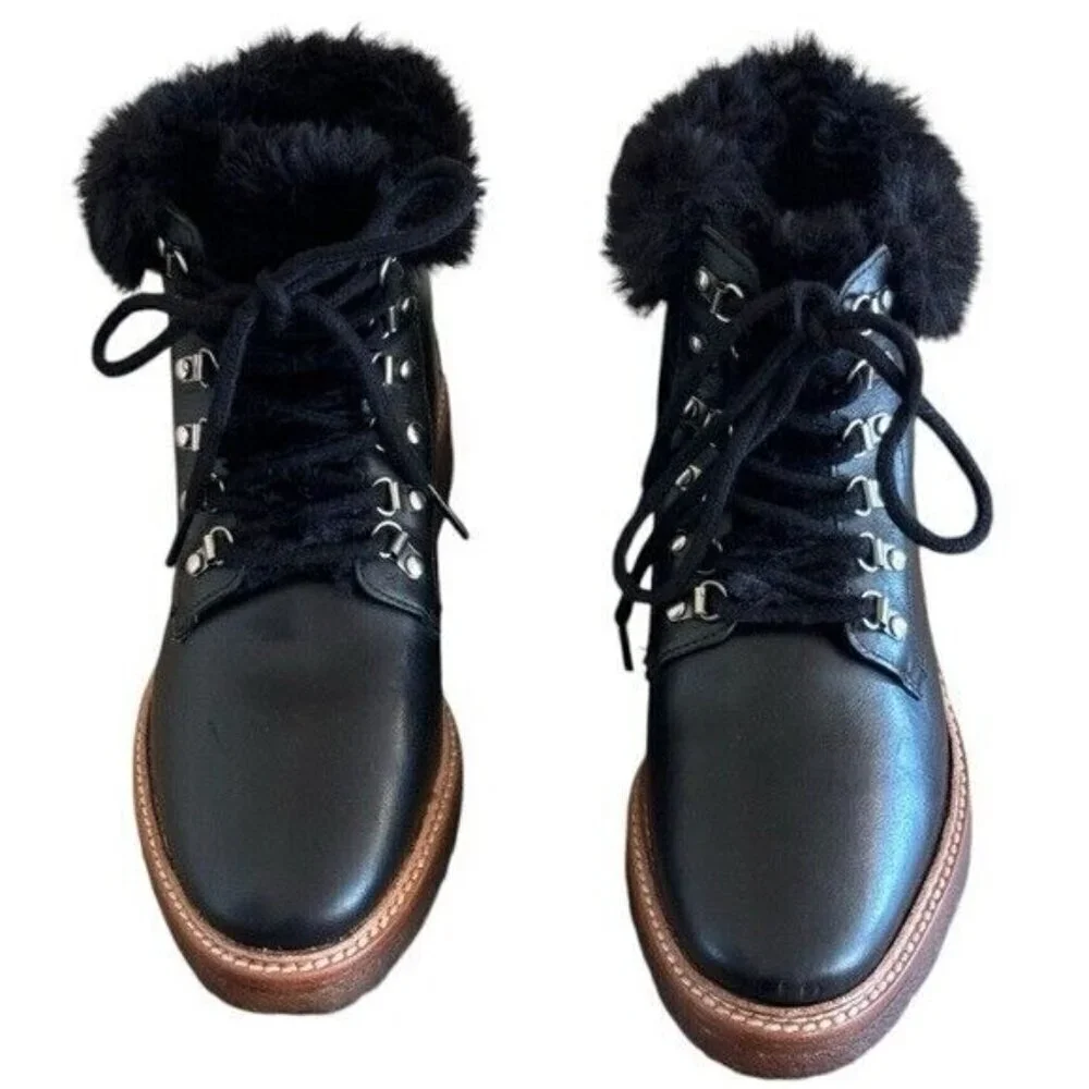 BOTKIER Winter Hiking Boots Faux Fur Collar Black Leather